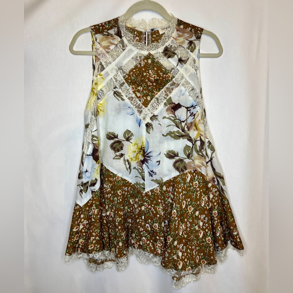 Umgee Floral Patchwork Sleeveless Blouse